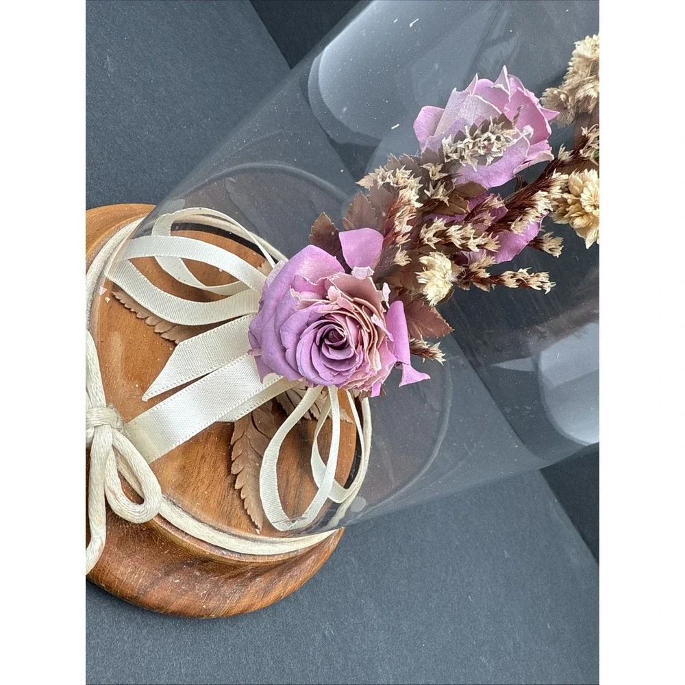 Vintage Dried Rose‎ Flowers Under Glass Dome Wood Base